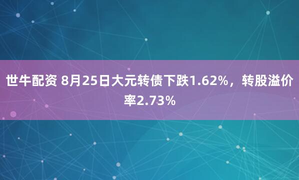 世牛配资 8月25日大元转债下跌1.62%，转股溢价率2.73%
